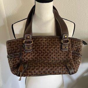 Fossil Vintage tweed style brown handbag, middle essential pocket with zip close